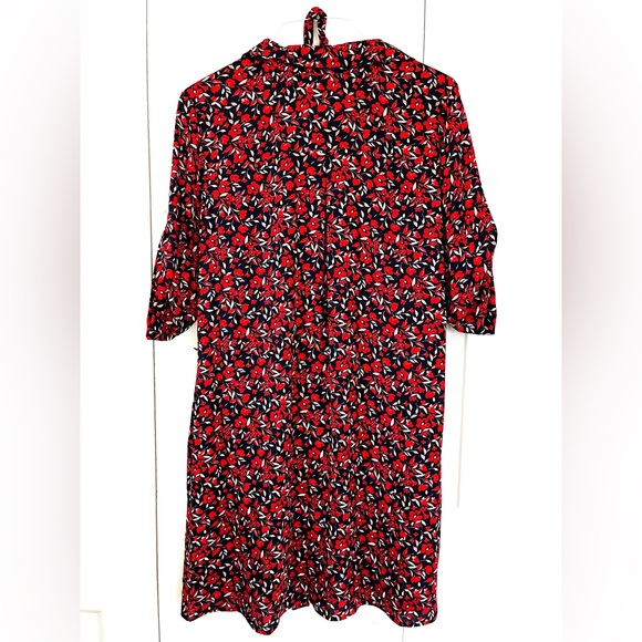 NY&Co Midi Dress w/ Red Floral Print on Navy, 3/4 Sleeve V-neck Belted sz L - Picture 11 of 12